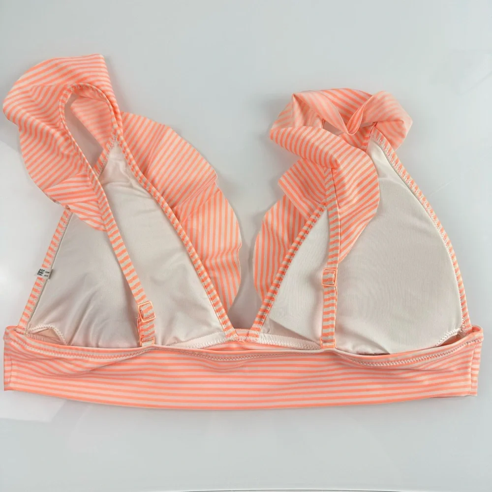 Aerie Swim Top Bikini Triangle Micro Stripe Print Neon Orange White Ruffle Strap
